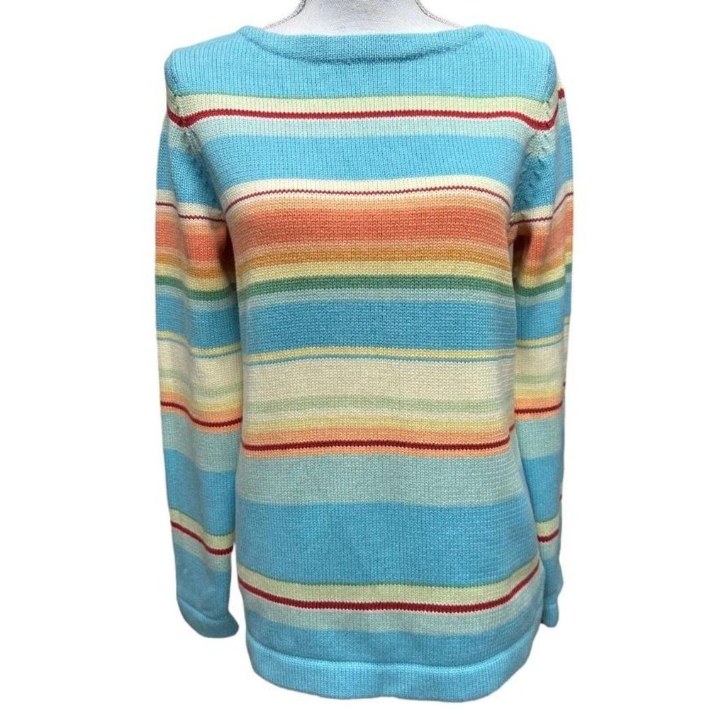 Lauren Ralph Lauren Womens Petite Small Sweater Blue Orange Cream Serape Striped